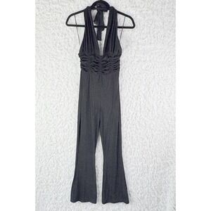 Silence + Noise UO Sparkly Black Halter Neck Ruched Flare Jumpsuit Womens S